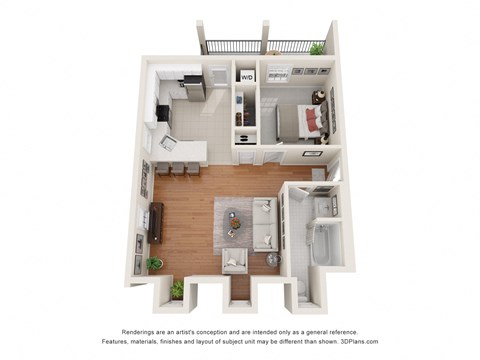 Floor plan for 1 bed, 1 bath, 654 sqft